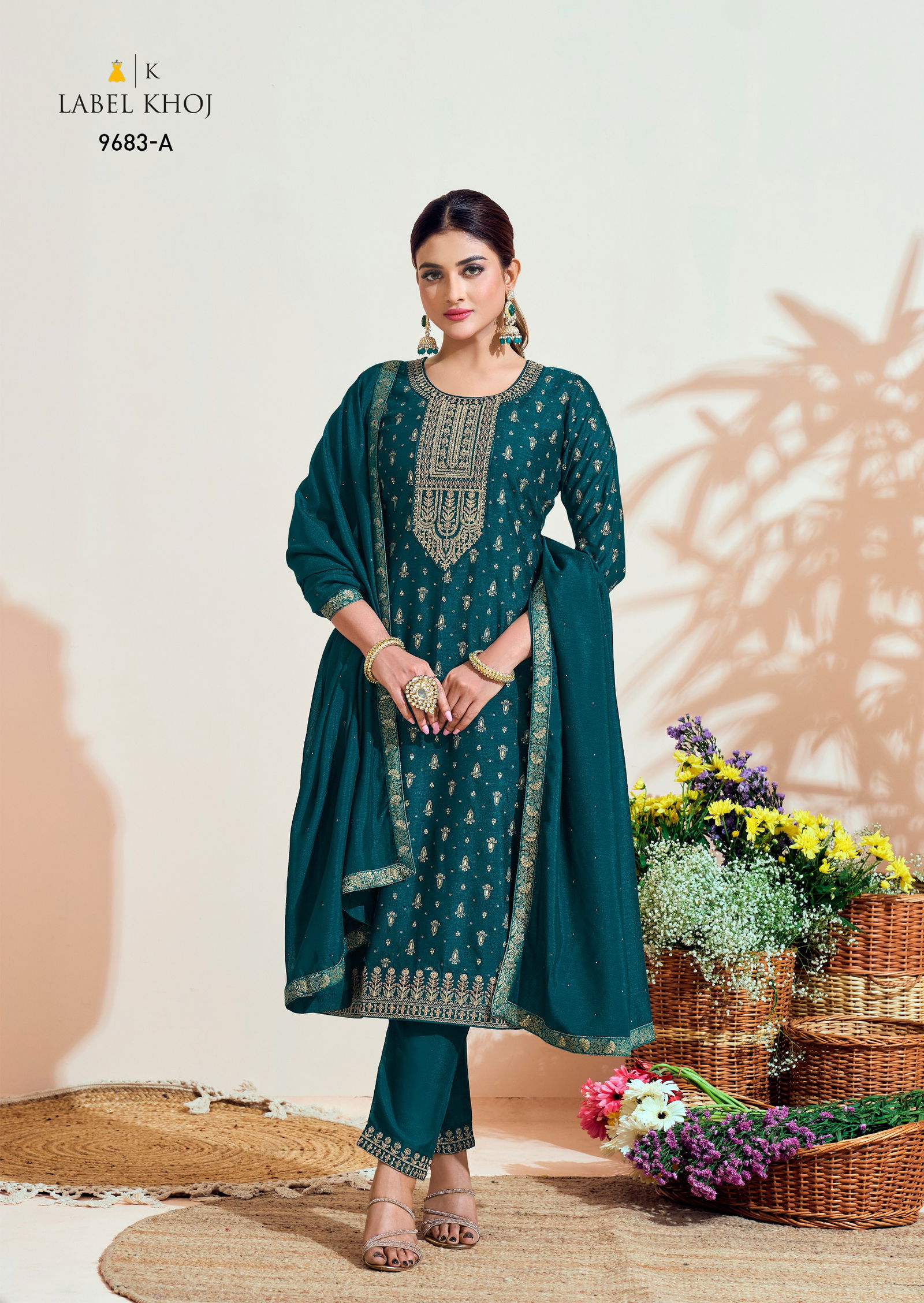 Label Khoj 9682 A To 9684 B Embroidery Vichitra Silk Designer Readymade Suits Wholesale Shop In Surat